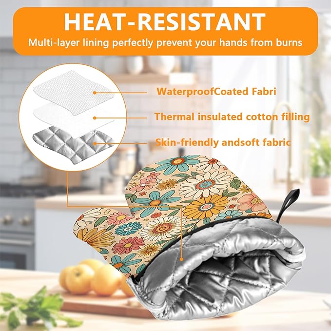 Boho Floral Oven Mitts and Pot Holders Sets 4Pcs,Extra Long Oven Gloves Potholder for Kitchen Cooking Baking BBQ 100% Cotton Heat Resistant