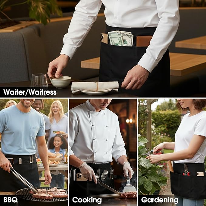 BOHARERS Waist Apron with 3 Pockets 10 Pack - Black Waitress Server Short Apron