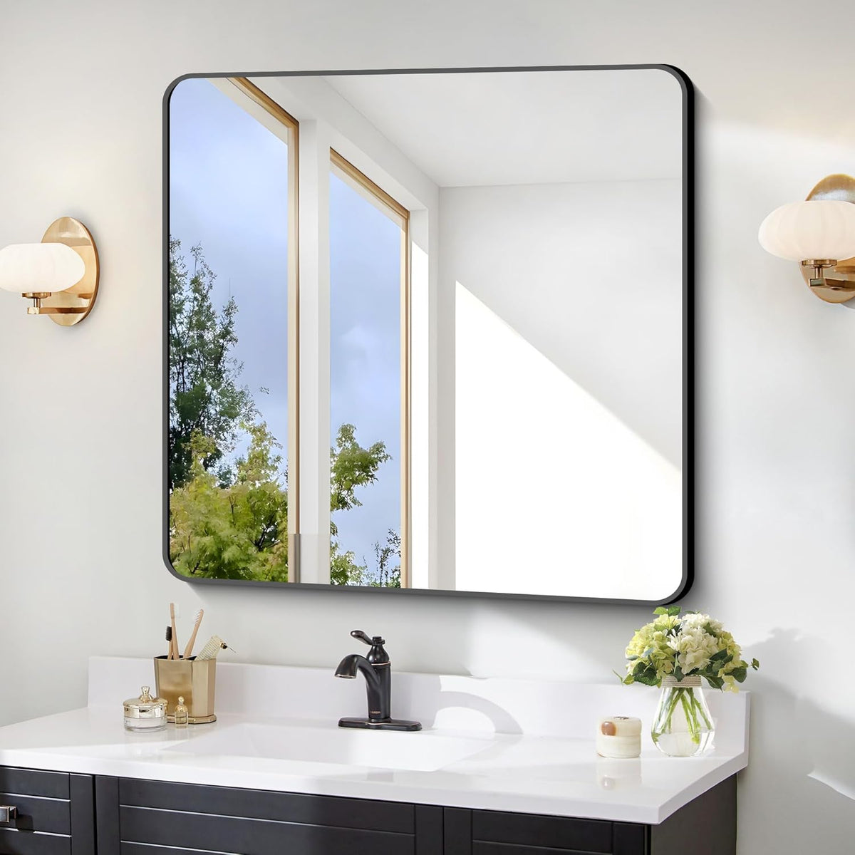 FORBATH Bathroom Mirror 30" x 30", Large Square Wall Mirror with Black Aluminum Frame Rounded Corner, Wall Mounted Mirror for Bathroom Bedroom Entryway Living Room