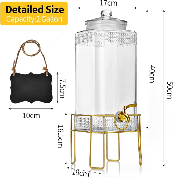 Drink Dispenser,2 Gallon Drink Dispensers for Parties,Beverage Dispenser with Stand,Glass Lid and Stainless Steel Spigot Leak-proof, Ideal for Lemonade,Juice, Tea, and Party Drinks