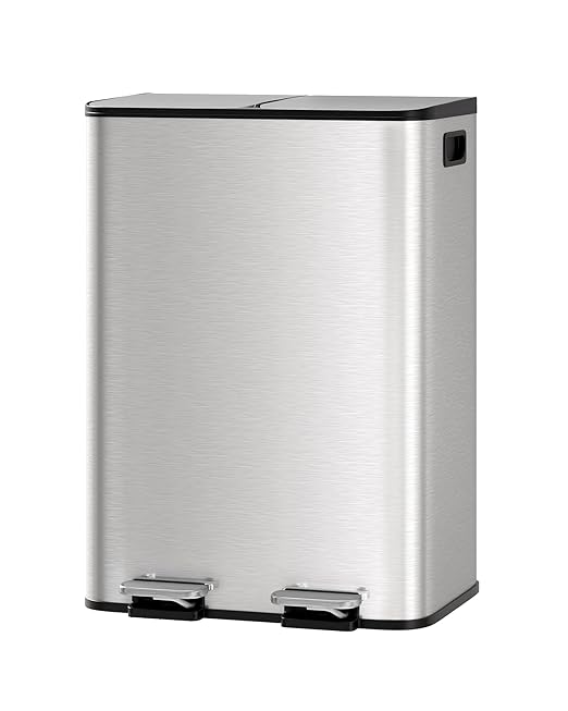 Garvee Double Trash Can, 2 x 8 gal (2 x 30 L) Garbage Can for Kitchen Dual Compartment Recycling Kitchen Step Trash Bin, Stainless Steel Trash and Recycle Bin Combo with Soft-Close Lid,Silver