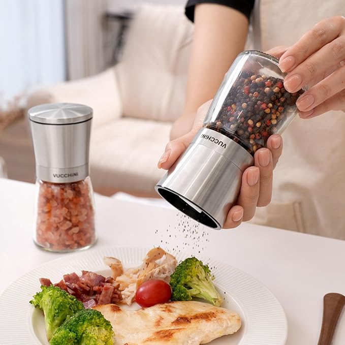 VUCCHINI Salt and Pepper Grinder Set - Adjustable Stainless Steel Spice Ceramic Grinders Mill Shaker for Kitchen Table - Stainless Steel color