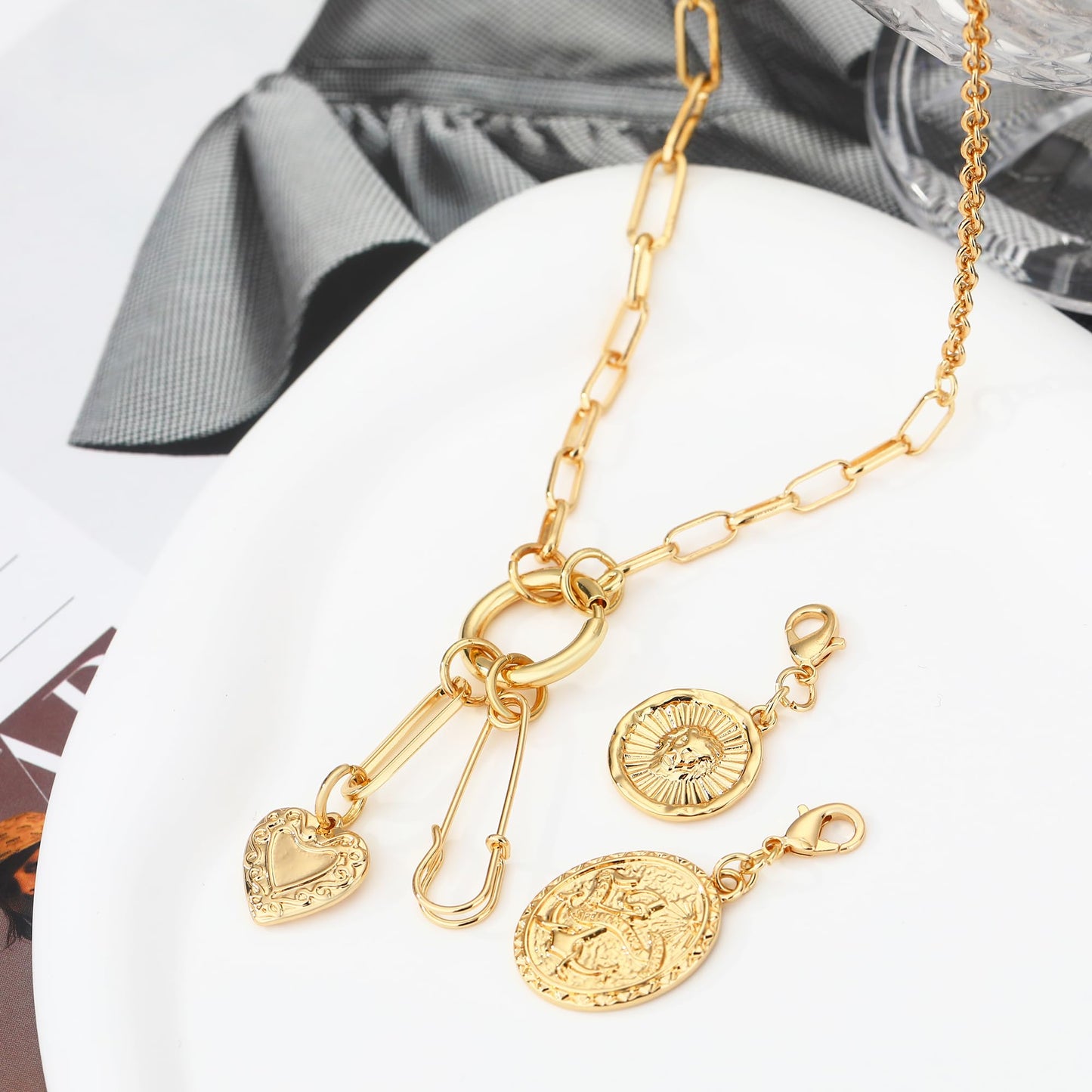 BONJOULRY Charm Necklace for Women Gold Safety Pin Necklace Tarot Card Lion Coin Heart Engraved Vintage Charms Dainty Long Paperclip Chain DIY Pendant Protection Necklace Amulet Jewelry Gifts