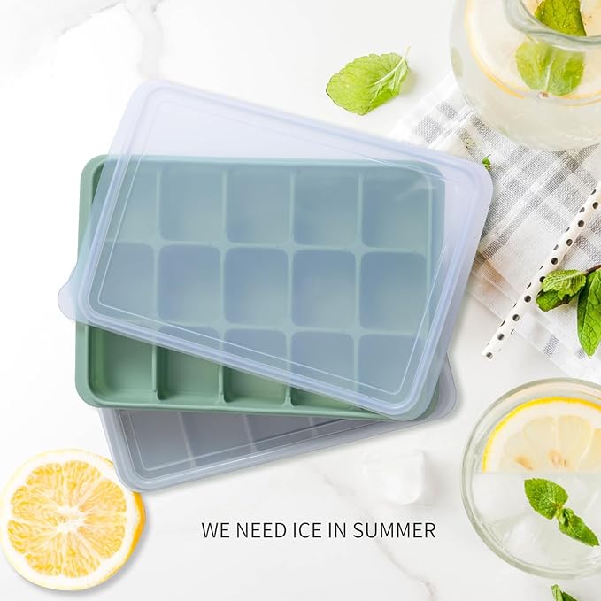 Ice Cube Trays Set of 2, Easy Release 15 Flexible Silicone Ice Cube Molds with Removable Lid Reusable Freezer Ice Trays Stackable for Whiskey, Baby Food, BPA Free (GREEN+GRAY)