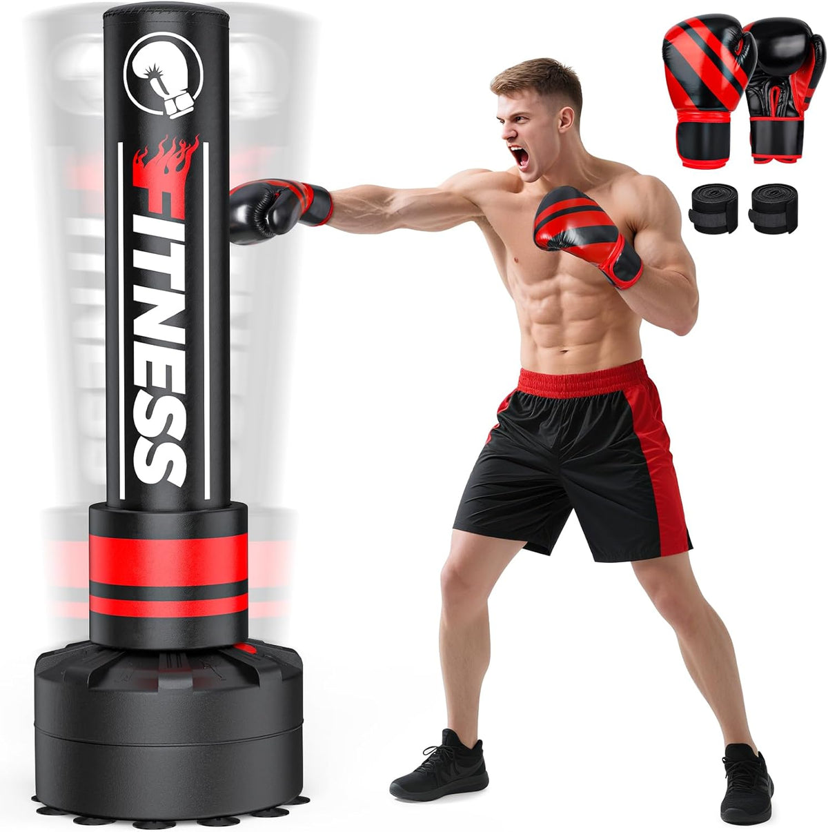 Freestanding Punching Bag for Adults - Heavy Boxing Bag with 12oz Boxing Gloves and Wristband for MMA, Kickboxing, Home Gym Training