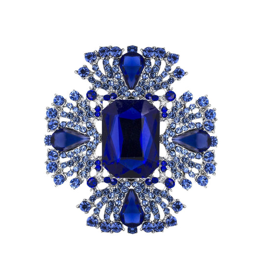 YOQUCOL Vintage Blue Austrian Crystal Rhinestone Cross Flowers Shaped Brooch Pin Elegant Jewelry For Women