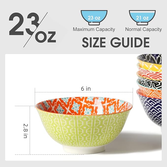 Ceramic Cereal Bowls, 23 Oz Colorful Soup Bowls, Deep Porcelain Bowl Set for Salad, Dessert, Pasta, Ice Cream,Set of 6