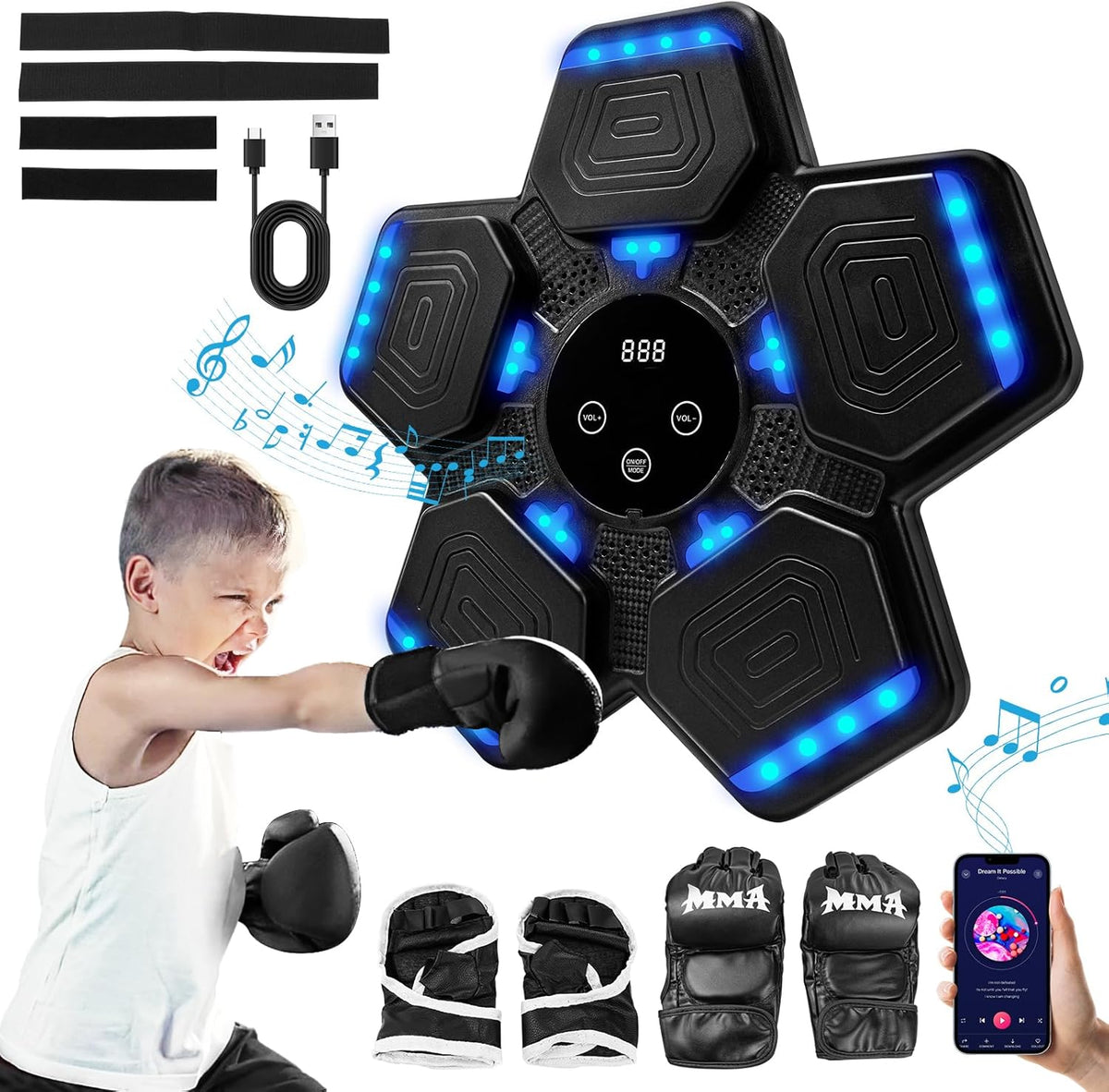 Music Boxing Machine, Bluetooth Music Punching Machine with Gloves, Electronic LED Boxing Training Equipment Wall Mounted, 9 Modes & 9 Speeds, Boxing Target for Home, Office, Gym