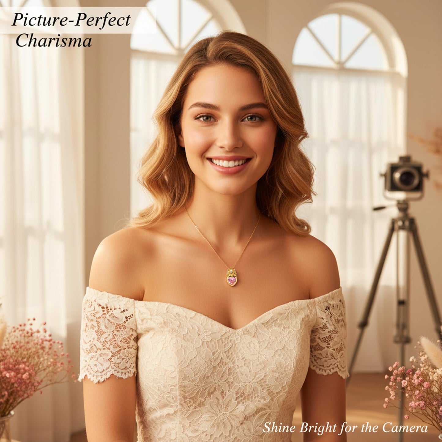 crataly Crown Heart Rose Quartz Necklace For Women-Gold Plated Pink CZ Princess Necklace For Valentines Day Mothers Day Christmas Birthday Gifts