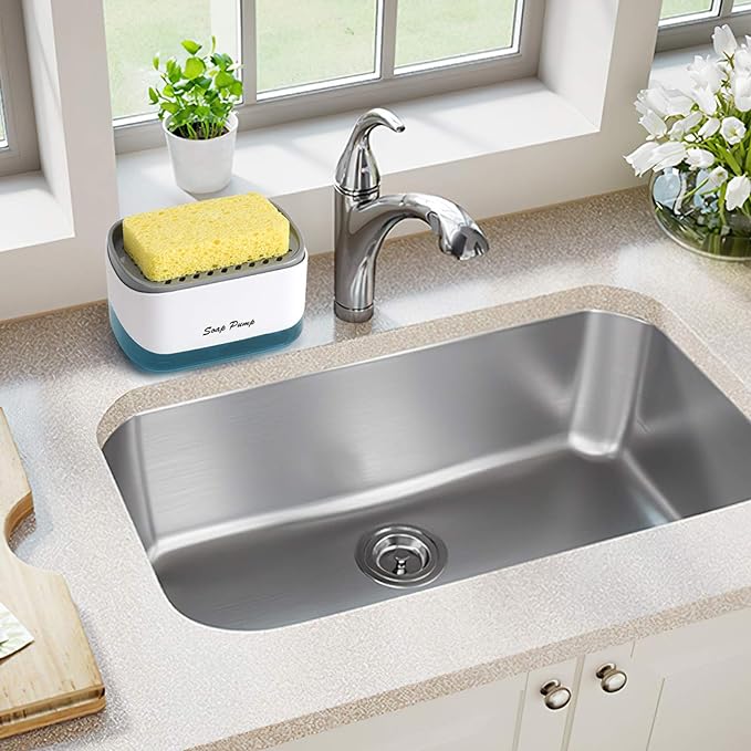 Kitchen Dish Soap Dispenser with Sponge Holder, 2-in-1 Countertop Soap Pump Dispenser, for Kitchen Sink Dishwashing Soap Dispenser - 12.5 Ounces
