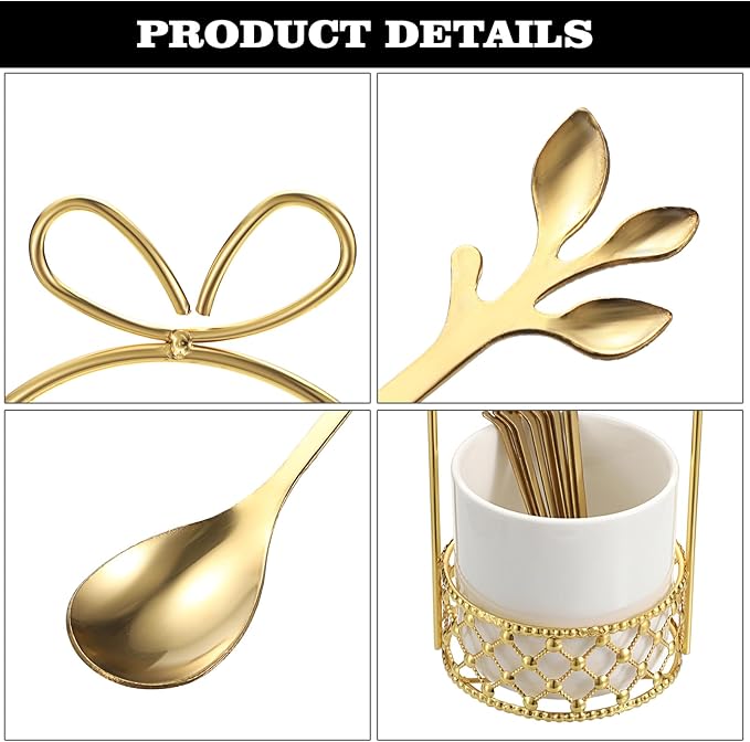 ELLDOO Coffee Spoon Set, White Ceramic Holder with 8 Stainless Steel Gold Leaf Coffee Spoons, Creative Flatware Set for Stirring, Mixing, Sugar, Ice Cream, Cake (8 x Spoons)