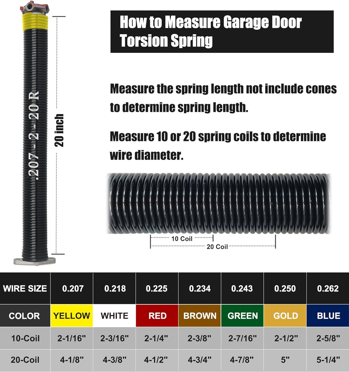 Garage Door Torsion Spring Set, Pair of 2" Electrophoresis Coated Garage Door Springs Replacement with 2 Non-Slip Winding Bars and Bearing, Minimum 16000 Cycles (.207x2x20")