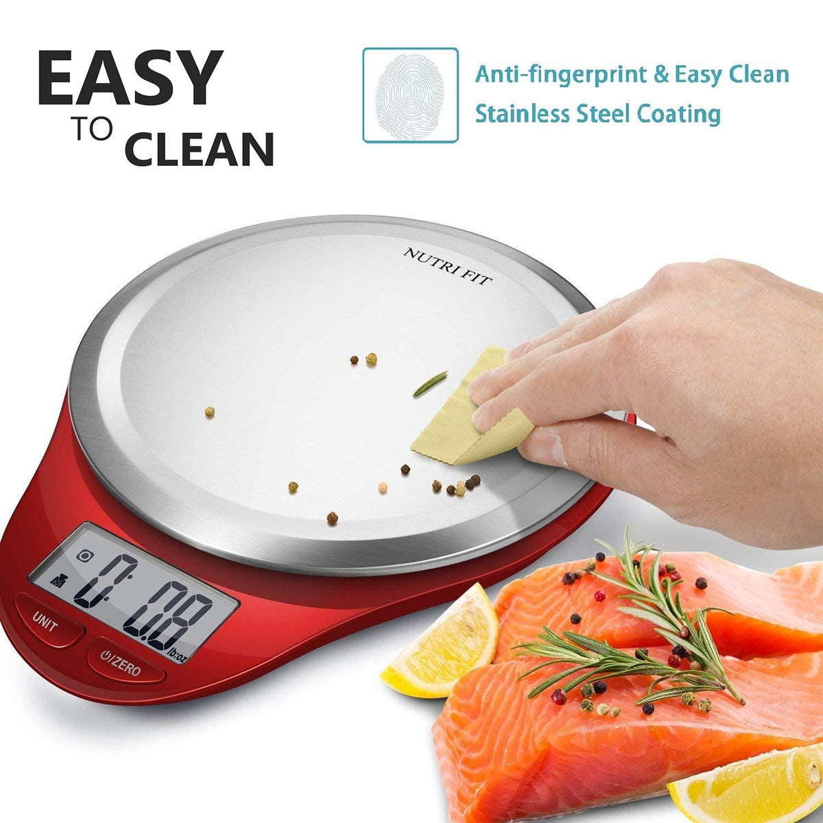 NUTRI FIT Digital Kitchen Scale with Wide Stainless Steel Plateform High Accuracy Multifunction Food Scale with LCD Display for Baking Kitchen Cooking,Tare & Auto Off Function (Red)