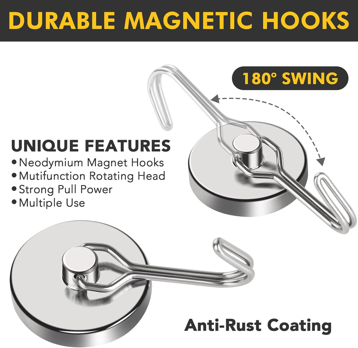MIKEDE Strong Magnetic Hooks, 110LB Swivel Magnetic Hooks Cruise, Neodymium Magnet Hooks Heavy Duty for Hanging, Grill, Cruise Cabins, Refrigerator, Grill, Kitchen, Locker - Pack of 12