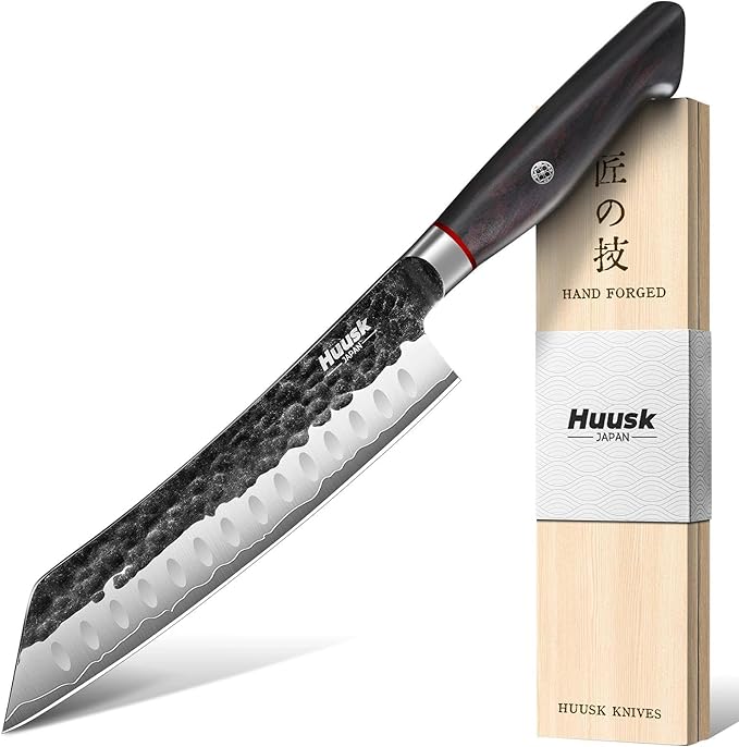 Huusk Santoku Japanese Chef Knife - Hand Forged Chef's Knives with VG10 Steel Core, Ultra Sharp 8 inch Kitchen Knife with Ergonomic Ebony Handle, Premium Wooden Gift Box for Men Women