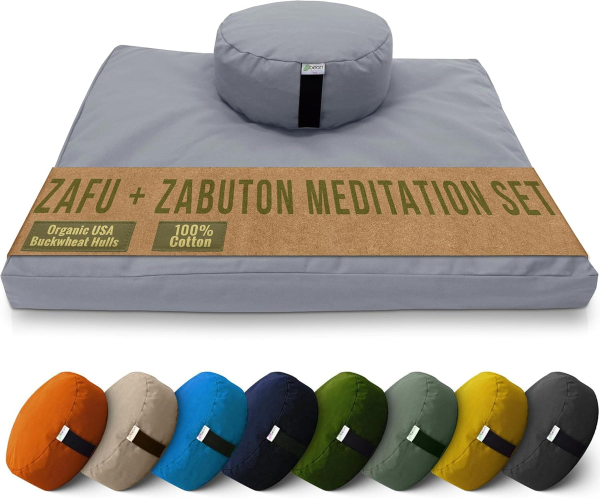 Bean Products Meditation Cushion Mat Set - Zafu Floor Pillow Organic Buckwheat Pillow + Cotton Filled Zabuton Prayer Pad - Meditation Pillow Yoga Knee Pad - Made in USA - 14" Round or 18" Oval