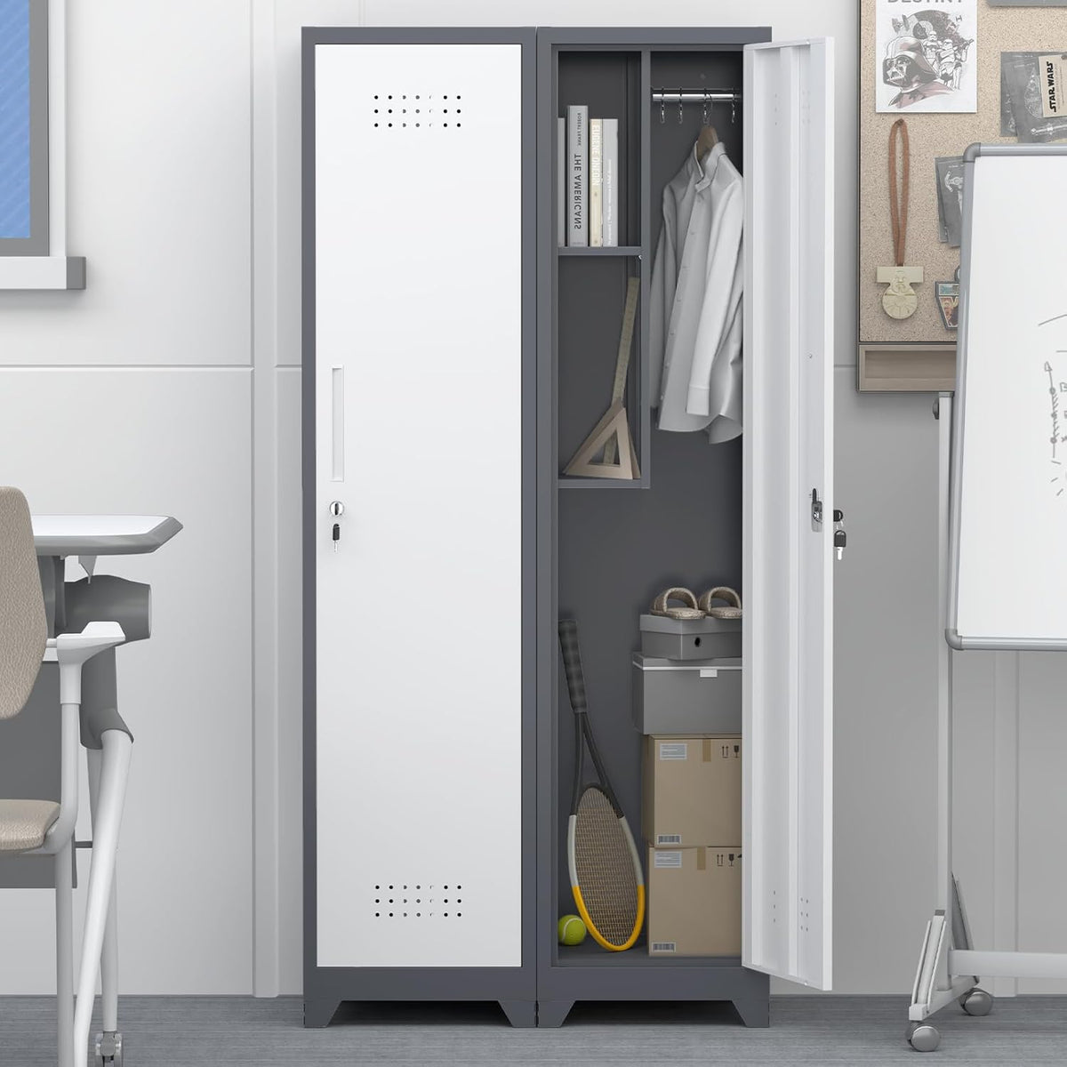 GREATMEET Slim Lockable Garage Storage Cabinet, Narrow Broom Storage Closet, 65" Metal Cleaning Tool Cabinet with Lock and Door,Utility Cabinets for Brooms and Mops for Laundry Room, White&Grey