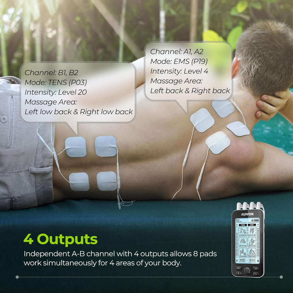 AUVON 4 Outputs TENS Unit EMS Muscle Stimulator Machine for Pain Relief Therapy with 24 Modes Electric Pulse Massager, 2" and 2"x4" Electrodes Pads, Black