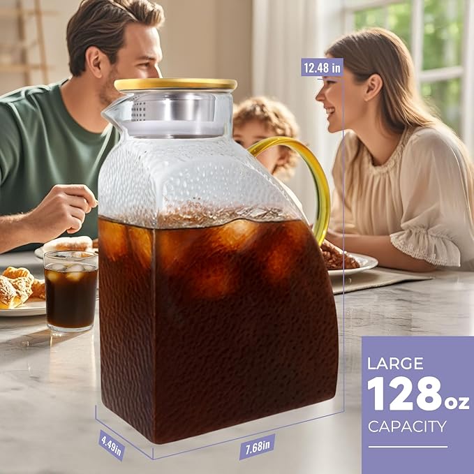 WARMSIMPLE Glass Pitcher With Lid,1 Gallon Glass Water Pitcher For Fridge, 128OZ glass pitchers With Handle And Lid, Hot And Cold pitchers, Large Carafe Jug For Iced Tea Juice Coffee Milk
