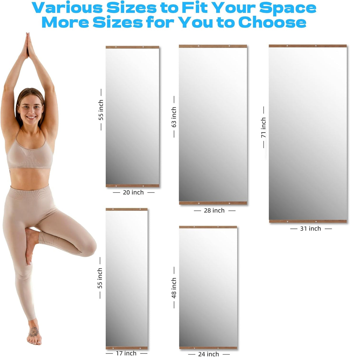 Hasipu 4Pcs 48''x24'' Home Gym Mirror Large Full Length Wall Mounted Full Body Mirror for Yoga Dance Fitness Exercise Studio Bedroom Garage, Frameless Tempered Glass Workout Mirrors Walnut Rectangular