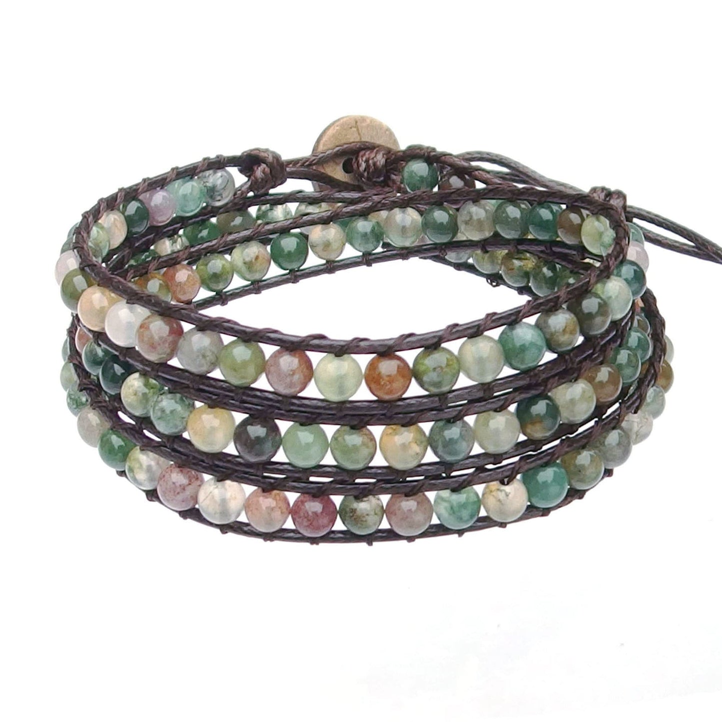 Ayriwoyi Moss Indian Agate Bracelet Beaded Wrap Bracelet for Women Natural Stone Bracelet Leather Wrap Bracelet Crystal Bracelets Handmade Jewelry Gifts