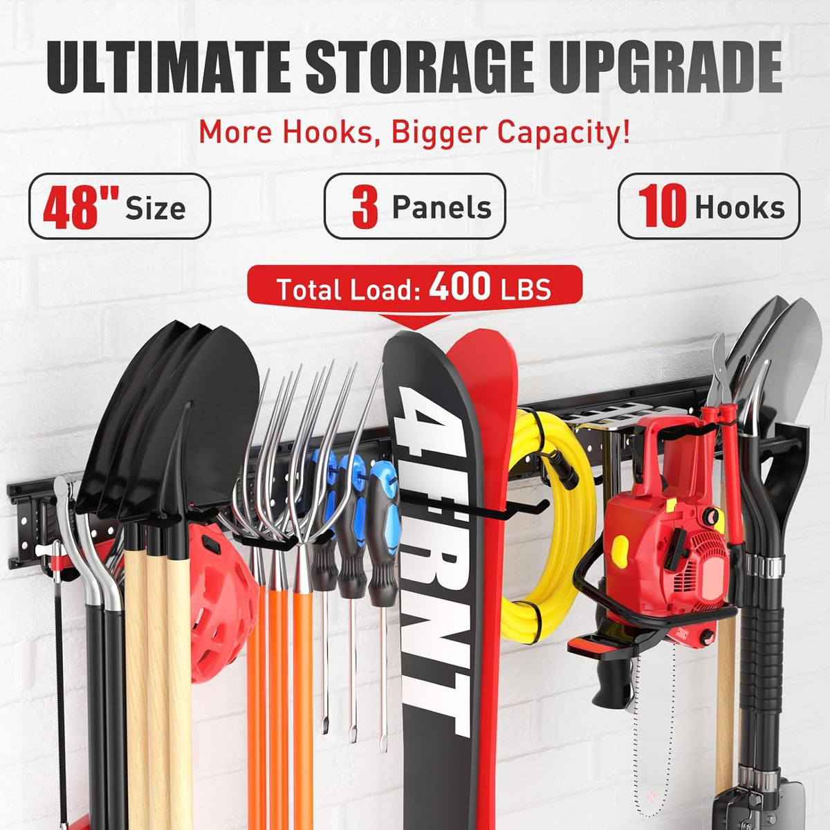 Garage Tool Organizer Wall Mount 48 inches with 10 Adjustable Heavy-Duty Hooks, Garage Organization, Garden Tool Storage Rack for Garage, Yard, and Shed, Holds Up to 400 lbs