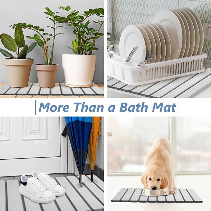 AWW Foldable Stone Bath Mat, Quick Dry Diatomaceous Earth Bath Mat with Non-Slip Mat, Super Absorbent, Easy to Clean, Compact for Small Bathrooms, 23.6 x 15.5, Light Grey