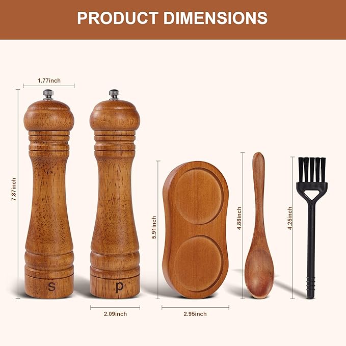 DEBETOOL Wooden Salt and Pepper Grinder Set with Stand - 8-inch Oak Wood Salt Mill Pepper Grinder Set, Adjustable Ceramic Core, 2 Pepper Mills + Wooden Spoon & Cleaning Brush (Kitchen Essential)