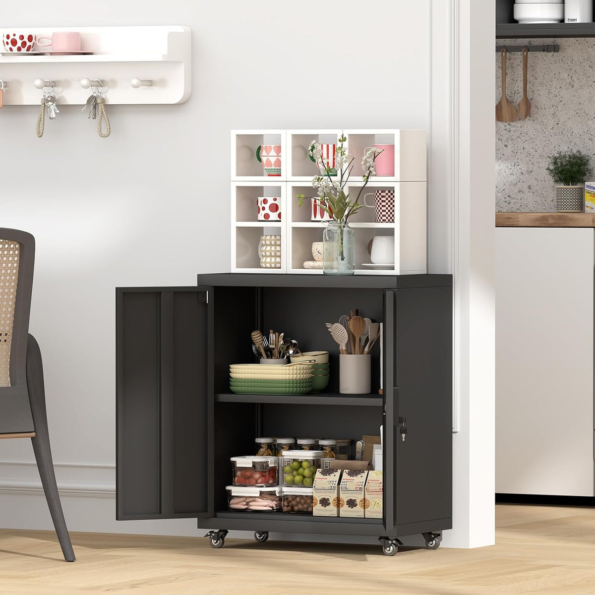 GREATMEET Garage Cabinets with Wheels, Black Garage Storage Cabinets with Doors and Adjustable Shelves，Rolling Lockable Metal Garage Storage Cabinets for Home Office Utility Room