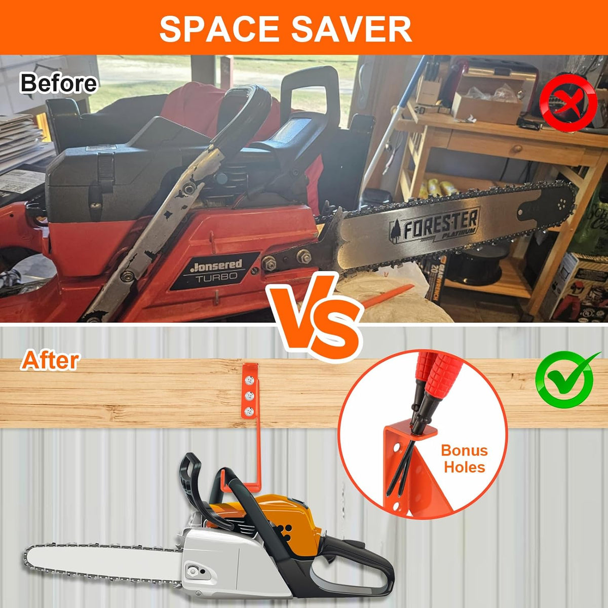 3 in 1 Chainsaw Holder 10" - Heavy Duty Chainsaw Wall Mount, 10 Gauge Steel Chain Saw Hanger for Garage Organization, Hefty Rack Storage Organizer for Chainsaw Accessories and Tools, 180 Lbs Capacity