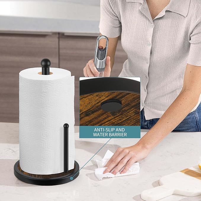 YINMIT Paper Towel Holder Countertop, Standing Paper Towel Roll Holder with Wooden Base, Rustic Farmhouse Paper Towel Holders for Kitchen Counter, Fits Standard or Jumbo-Sized Rolls