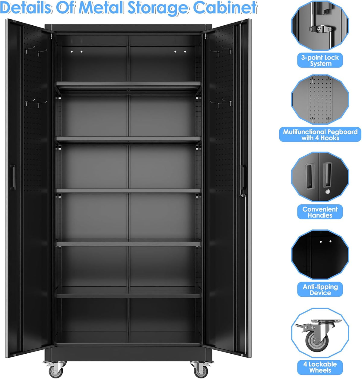 Garage Storage Cabinet with Wheels & Pegboard, 71" H×34" W×18" D Locking Metal Storage Cabinet with 2 Doors and 5 Adjustable Shelves for Garage Workshop Home, Black, Assembly Required