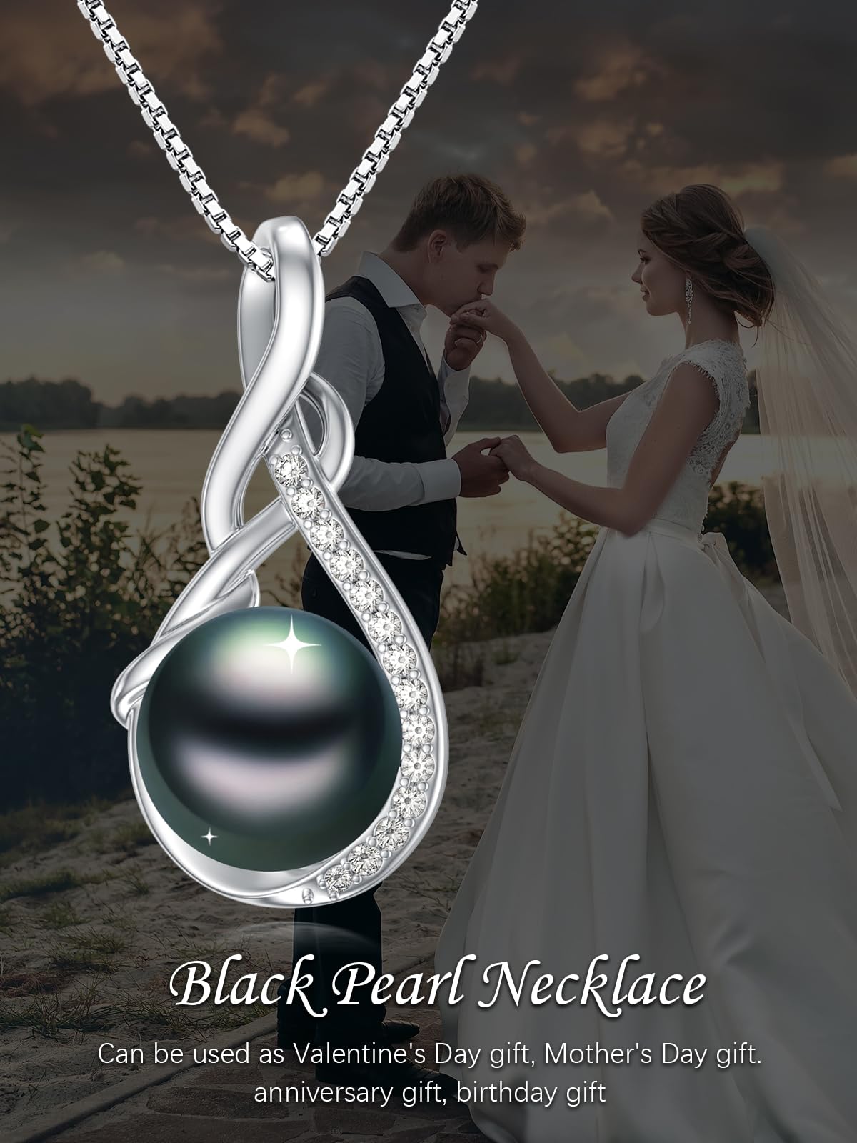 KANNSOAR 9MM Tahitian Black Pearl 18K White Gold Plated Sterling Silver Pendant Necklace Pearl Jewelry-Wedding Anniversary Valentines Day Christmas Mothers Day Gifts for Women Wife Mom Girlfriend Her