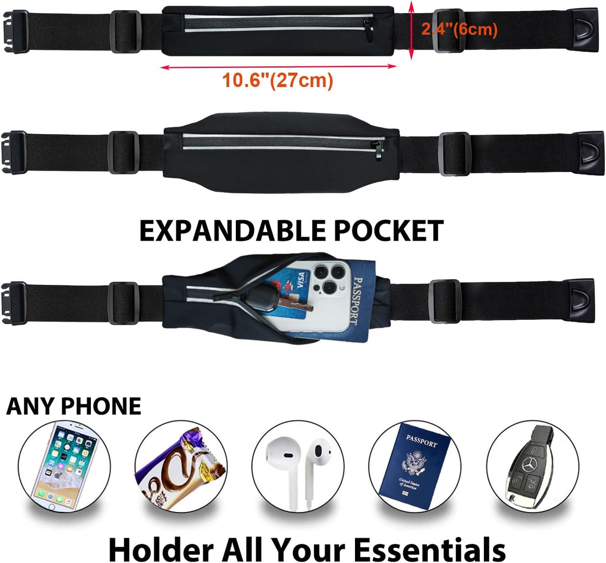 Running Belt Fanny Pack, Slim Runners Waist Pack for Men & Women [Fits ALL Phones], Money Belt, Reflective Running Gear Accessories Fitness Phone Holder for Exercise Marathon Jogging (Black1)