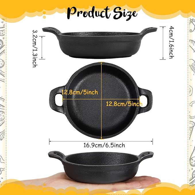 Mini Cast Iron Skillets 5 x 5 x 1.3 Inch Cast Iron Pan Small Ramekin Set Black Casserole Dish Cookware Oven Safe Mini Skillets for Kitchen Indoor Outdoor Picnic (2 Pack)