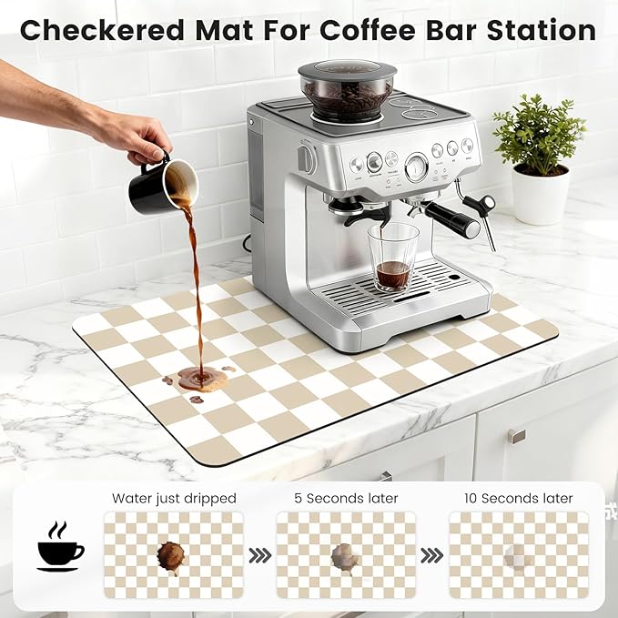 16" x 24" Checkered Dish Drying Mat for Kitchen Counter, Absorbent Coffee Bar Mat for Espresso Machine Coffee Countertops Accessories, Beige