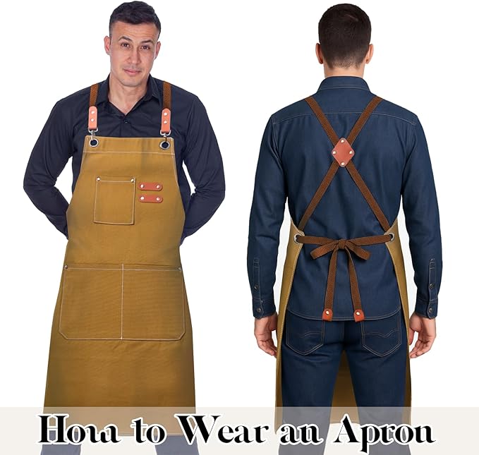 Plus Size Kitchen Apron for Men Women, Cross Back Cotton Canvas Chef Apron