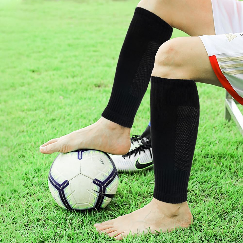 2 Set Anti-Slip Grip Soccer Socks with Shin Guard Sleeves, Sports Athletic Socks for Men Women