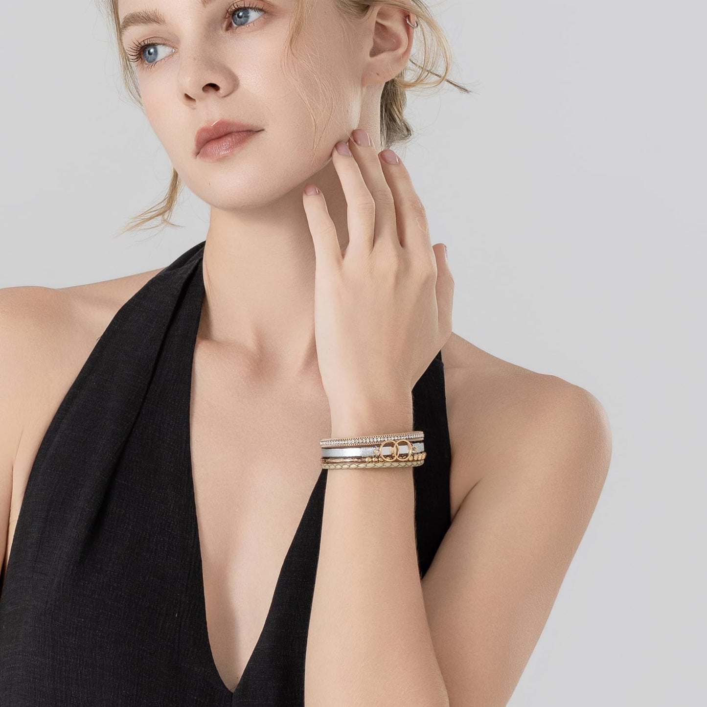 FANCY SHINY Boho Leather Wrap Bracelet Stackable Beaded Infinity Chunky Cuff Bracelets with Magnetic Clasp Western Hippie Outfits Jewelry Gifts for Women(Silver/Gold)