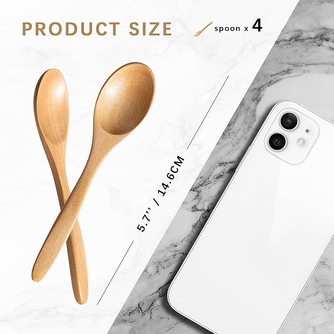4 PCS Small Wooden Spoons, 5.8 Inch Honey Spoons for Tea, Schima Wooden Honey Teaspoon for Coffee, Little Tiny Wood Spoons, Bamboo Table Spoon for stirring, Wooden Spoons for Utensils Set