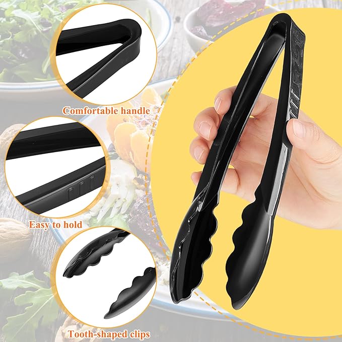 Tessco for you 50 Pcs Plastic Tongs for Serving Bulk, 9 Inch Plastic Disposable Serving Tongs, Heavy Duty Salad Tong for Kitchen, Buffet, BBQ, Events & Catering (Black)