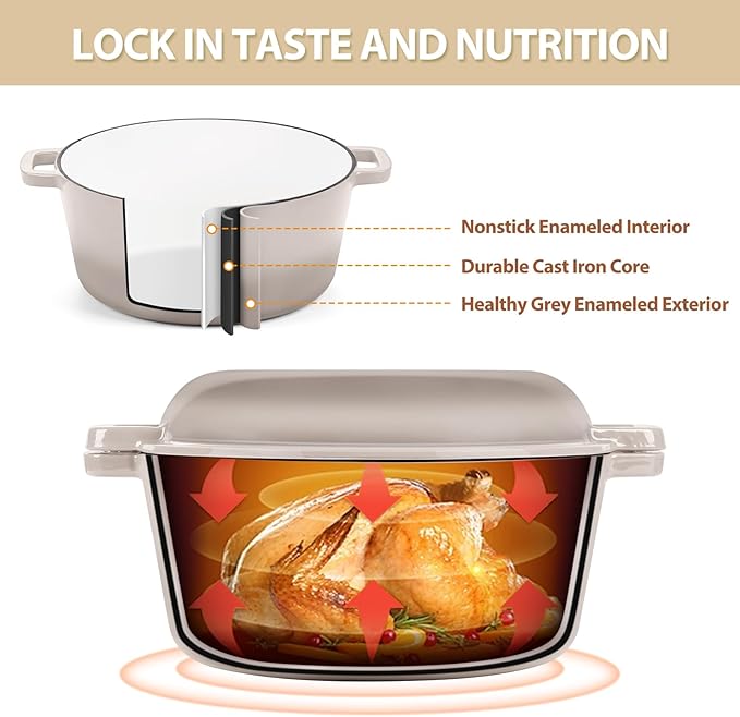 TeamFar 5 Quart Dutch Oven, 2 In 1 Enameled Cast Iron Dutch Oven Pot Cookware with Skillet Lid, for Bread Baking Braising Stewing Roasting, Sturdy & Nonstick, Oven Safe & Fit for Induction (Khaki)
