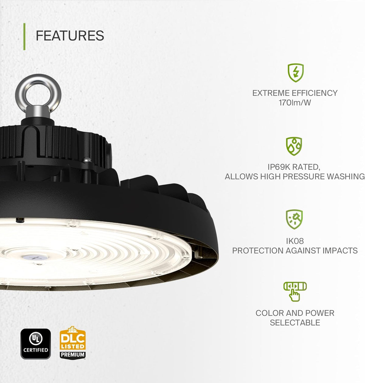 ASD LED High Bay UFO Light Fixture, Commercial Shop Lighting | 3CCT, Dimmable, IP69K Waterproof, DLC Premium, UL Listed | 300W 47700LM 3000-5000K 100-277V | Warehouse, Garage, Workshop Lamp | Black