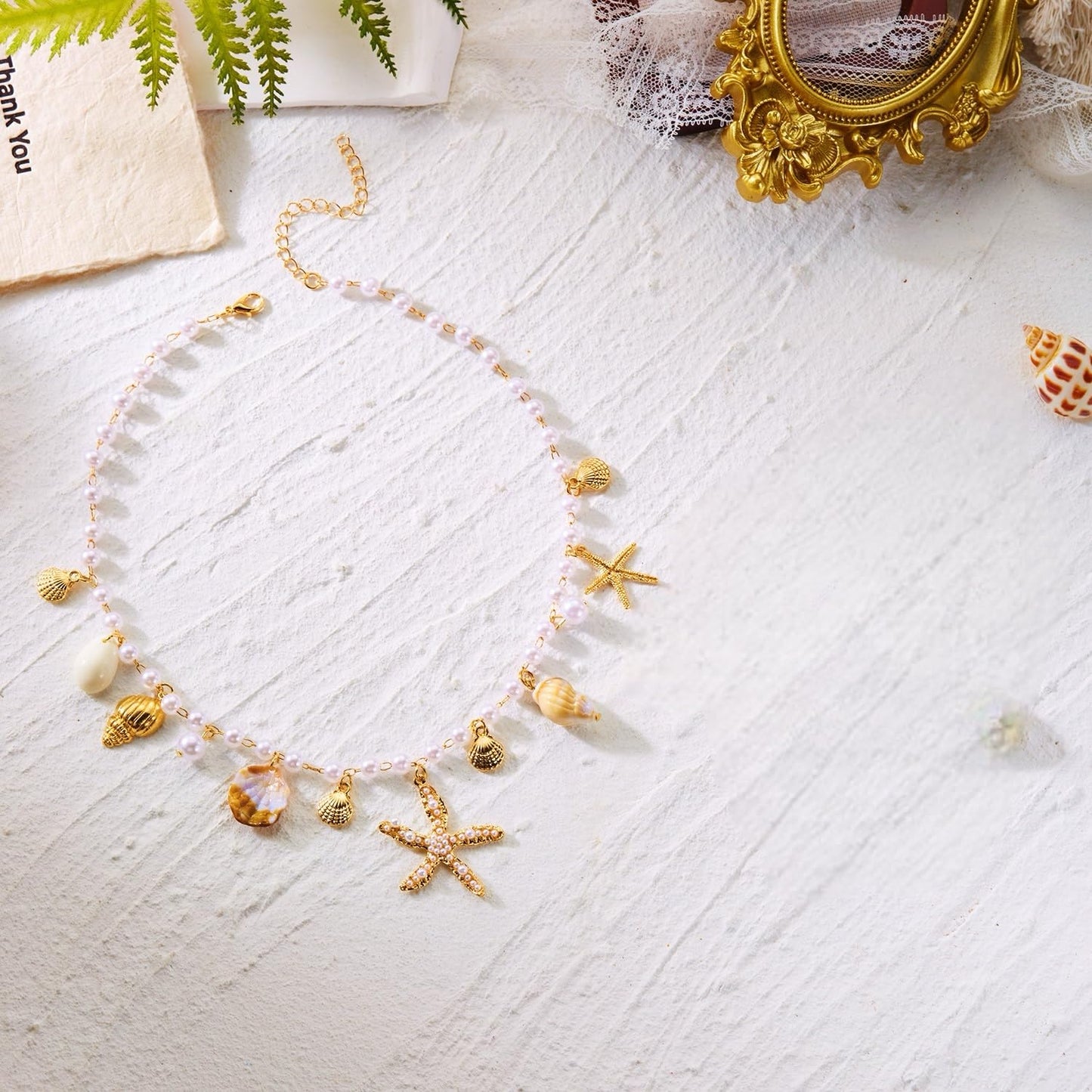 Shell Starfish Necklace for Women Gold Plated Pendant Pearl Necklace Boho Beaded Dainty Adjustable Necklaces Shell Conch Summer Beach Cuff Jewelry Accessories
