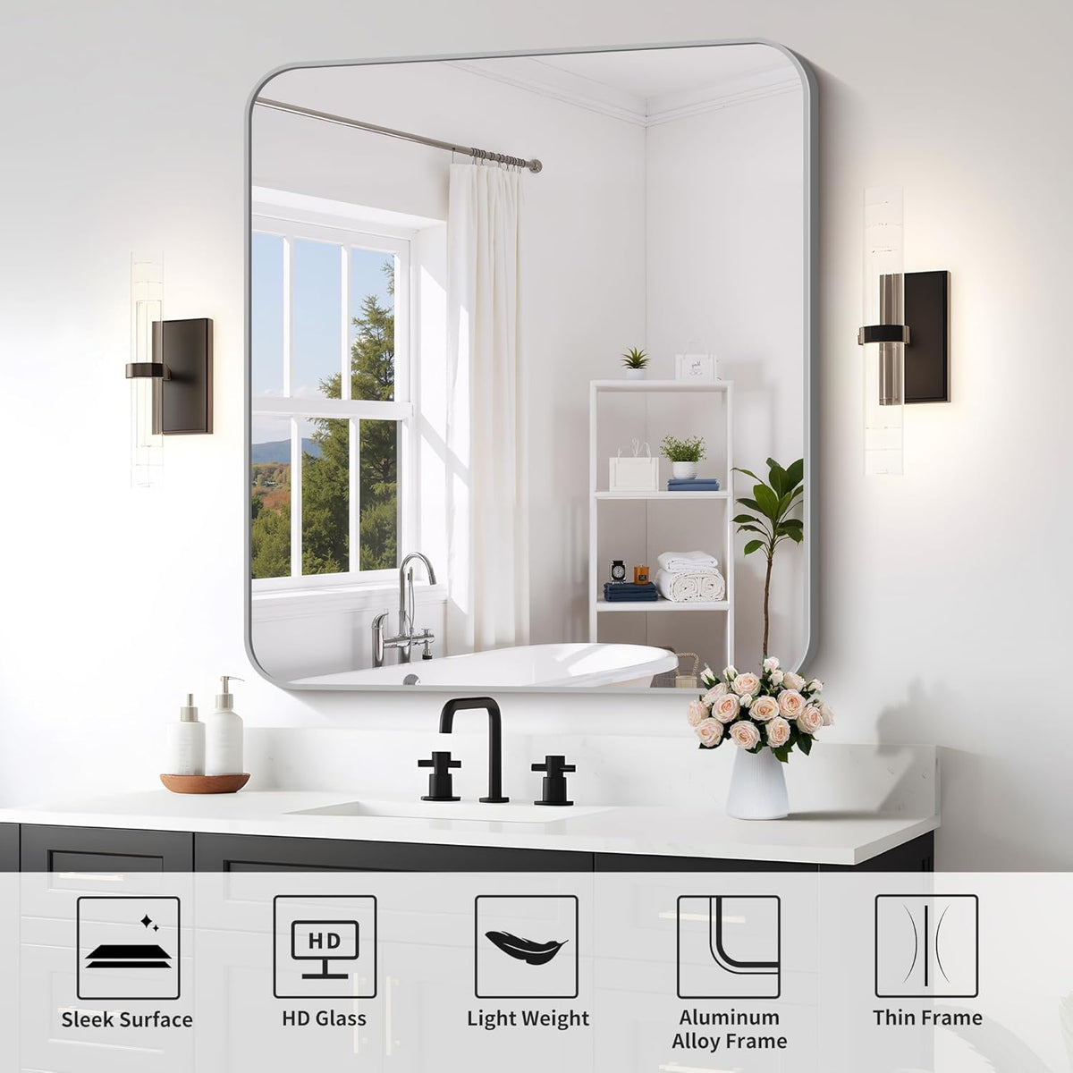 FORBATH 40x36 Inch Silver Bathroom Mirror for Over Sink, Large Rectangular Wall Mirror with Metal Frame, Rounded Corners for Bathroom, Bedroom, Entryway Decor (Horizontal or Vertical)