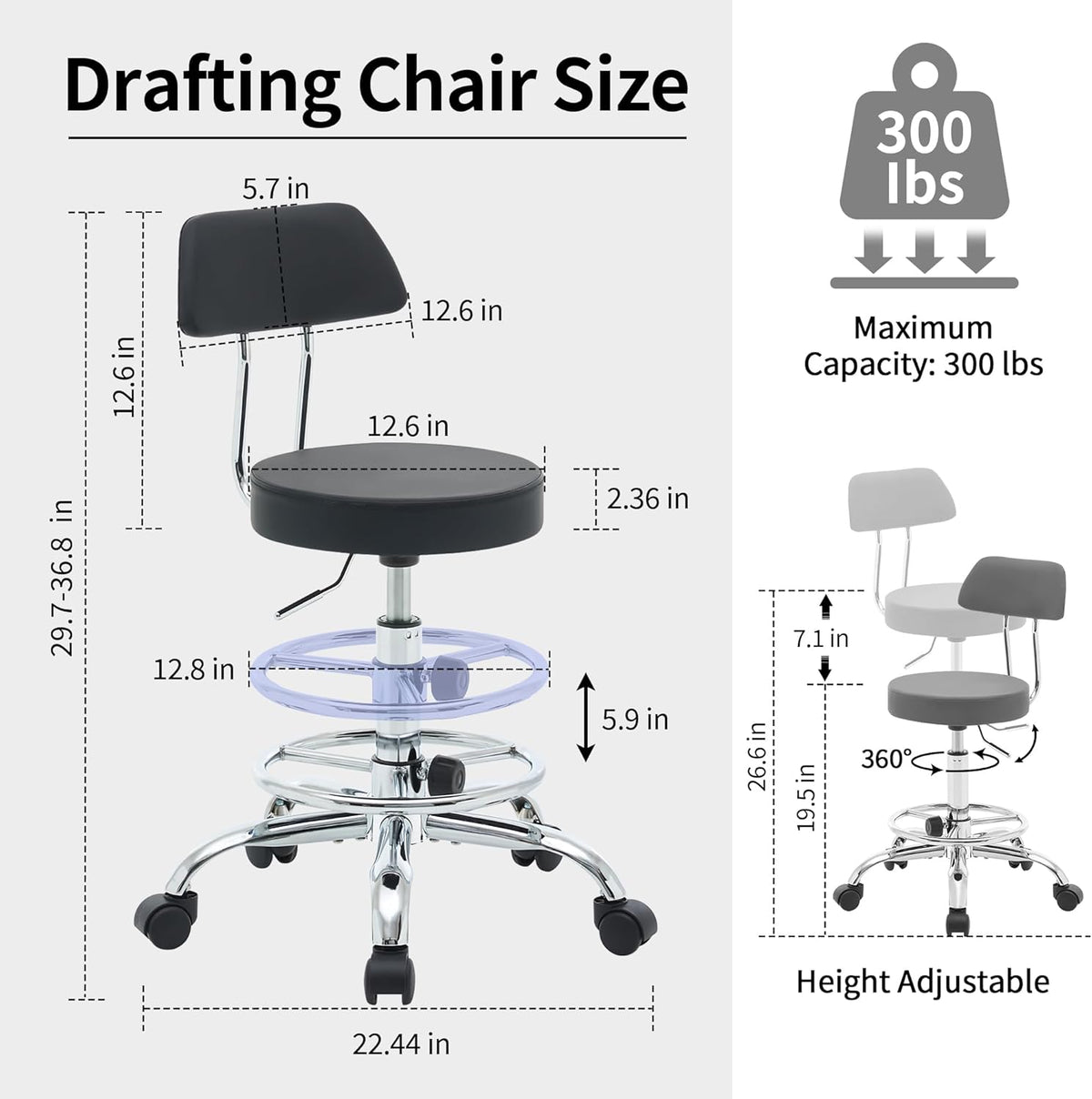 Office Chair with Back (Adjustable Height Posture Stool 19.5’’-26.6’’)(Drafting Chair on Wheels) Work Stool with Footrest (Black)