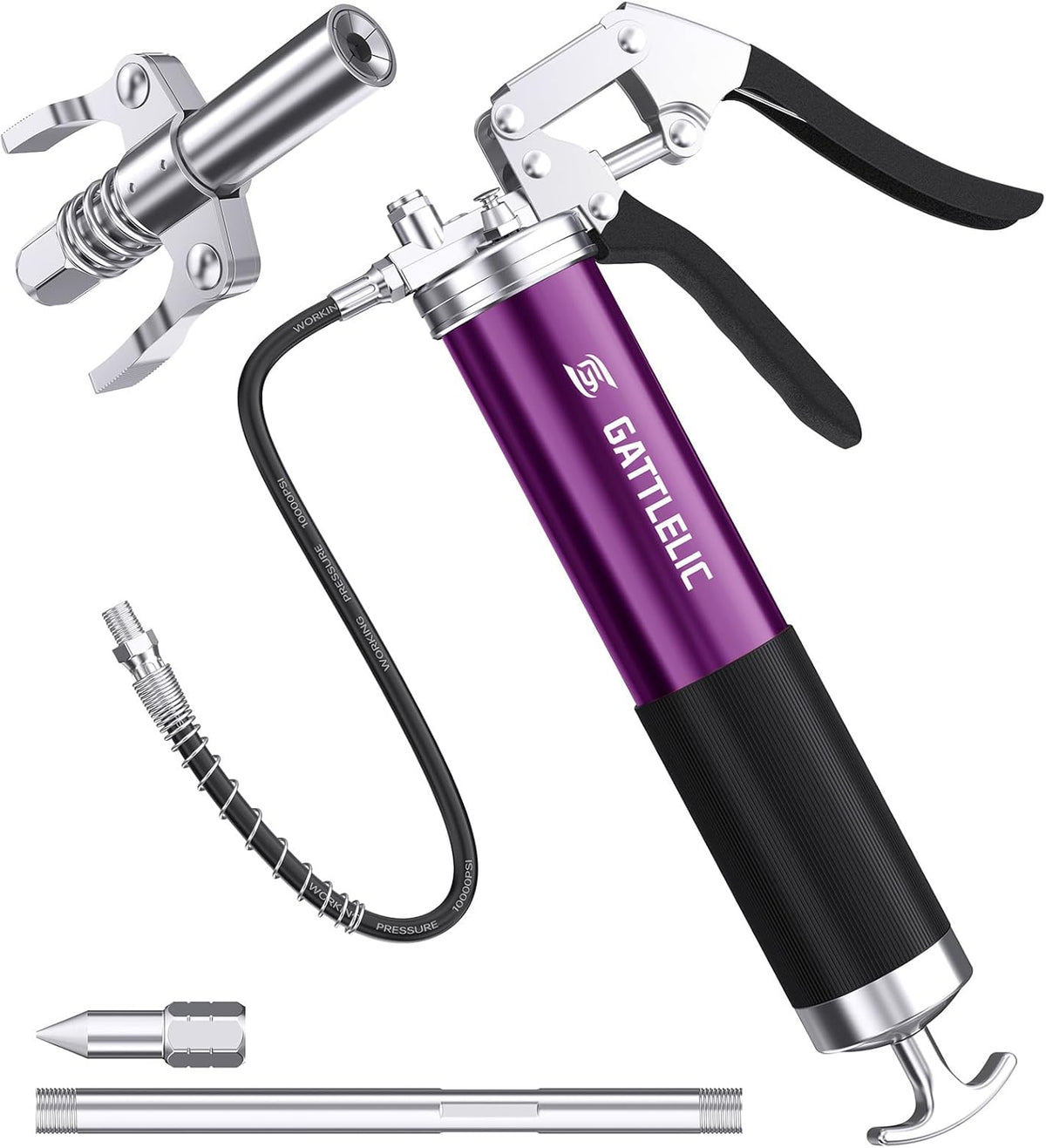 8000 PSI Heavy Duty Grease Gun Kit - 14oz with Flex Hose, Sharp Nozzle, Extension Pipe & Coupler, Purple