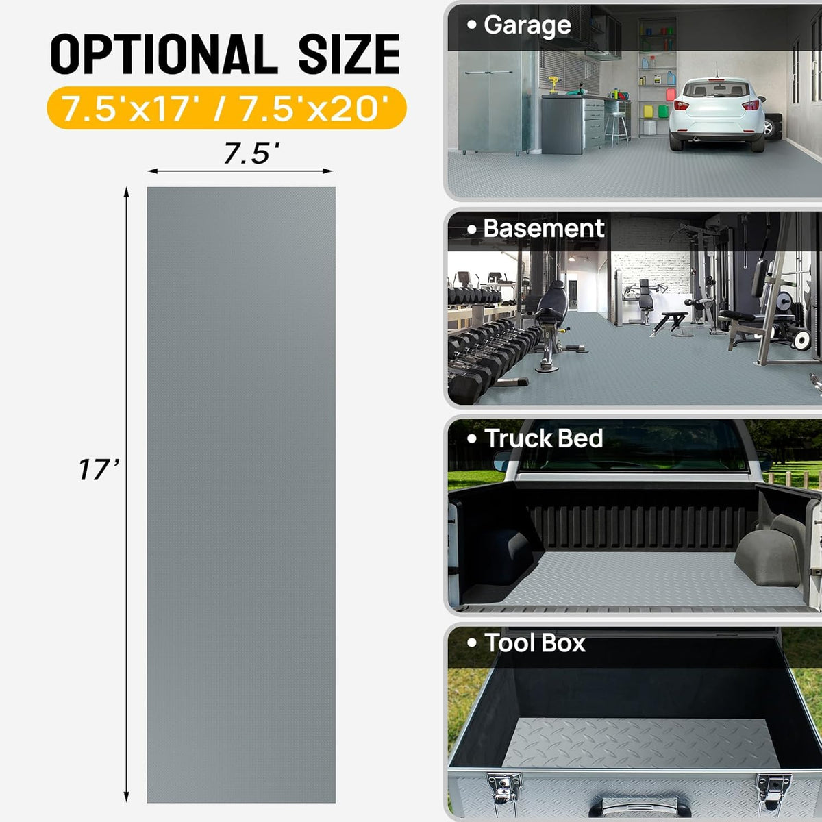 Bonnlo 7.5x17 FT Garage Floor Mat for Under Car,Thickened PVC Roll Floor mats，Waterproof Non Slip Parking Mat,Gray
