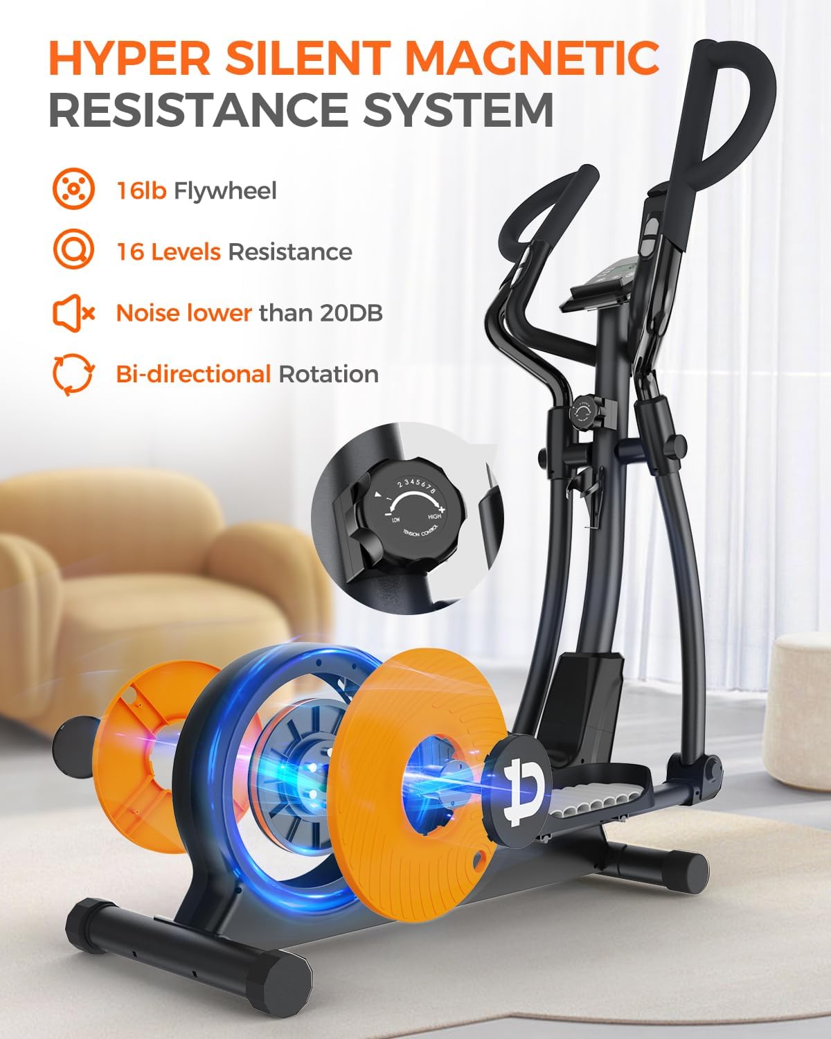 pooboo Elliptical Machine, Elliptical Exercise Machine with 16-Level Resistance&Hyper-Quiet Magnetic Driving System, Elliptical Machine for Home with LCD Monitor&15.5IN Stride, 350LBS Weight Capacity