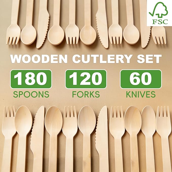 Compostable Wooden Utensils - 360 Pcs [180 Forks, 60 Knives, 120 Spoons], Disposable Cutlery, Biodegradable Wooden Silverware for Parties, Picnics, and Camping